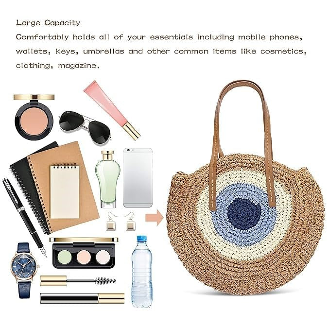 Evil Eye Straw Tote Bag