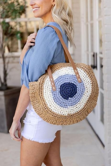 Evil Eye Straw Tote Bag